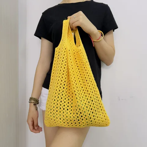 Lässige Gestrickte Hohl Ausgeschnittene Tote Bag Für Damen Große Kapazität Offene Polyester Umhängetasche Mesh Häkeln Strand Handtasche