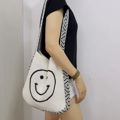 Damen Strick Tote Bag Mit Lächeln Muster Geometrisch Gewebte Umhängetasche Lässige Polyester Handtasche Kapazität Crossbody Bag