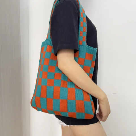 Damen Gestrickte Schachbrett-Tote-Bag Vintage Häkeln Gitter Schultertasche Lässige Handtasche Faltbare Wiederverwendbare Einkaufstasche