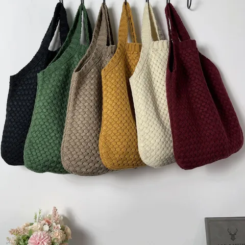 Damen Gestrickte Gewebte Tote Bag Große Kapazität Einfarbig Retro Umhängetasche Lässige Tägliche Pendlertasche Handtasche