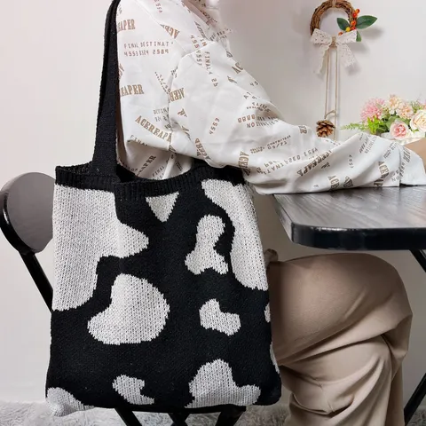 Sac Fourre-tout Tricoté Imprimé Vache Vintage Grande Capacité Noir Blanc Contraste Sac à Épaule pour Femmes Sac à Main Décontracté