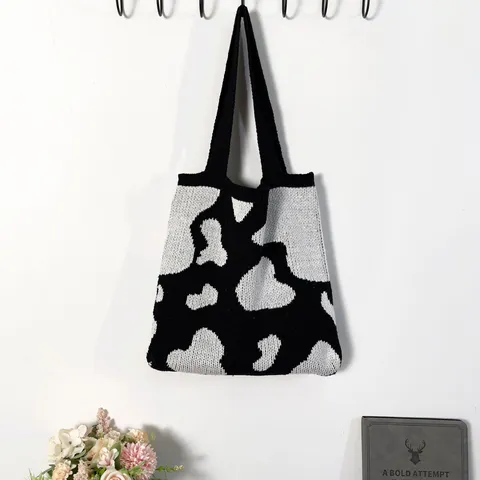 Sac Fourre-tout Tricoté Imprimé Vache Vintage Grande Capacité Noir Blanc Contraste Sac à Épaule pour Femmes Sac à Main Décontracté