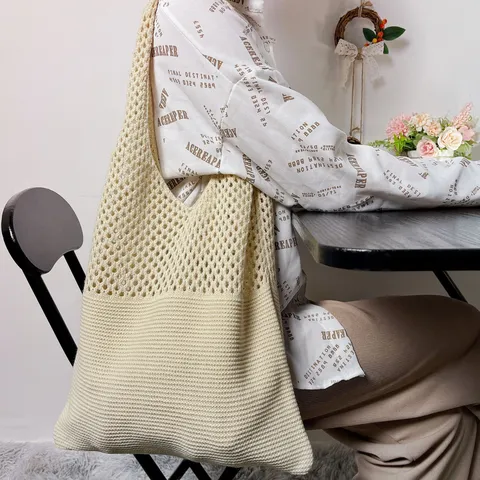 Koreanische Ins Strick Tragetasche Mode Vintage Ausgehöhlt Schultertasche Große Kapazität Geflochtene Einkaufstasche Für Damen