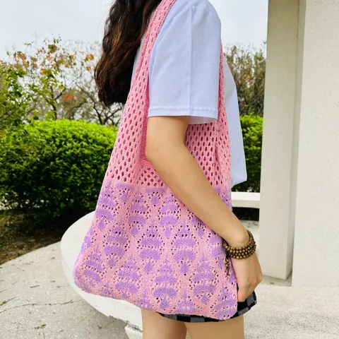 Damen Casual Gestrickte Tote Bag Aushöhlen Häkeln Schultertasche Geometrisches Muster Mesh Strandtasche Polyester Gewebe Einkaufstasche