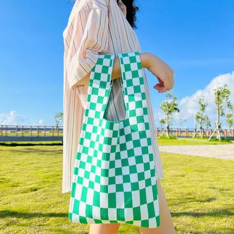 Schachbrettmuster Gestrickte Tote Bag Damen Japanischer Und Koreanischer Stil Kontrastfarbe Gehäkelte Handtasche Große Kapazität Einkaufstasche