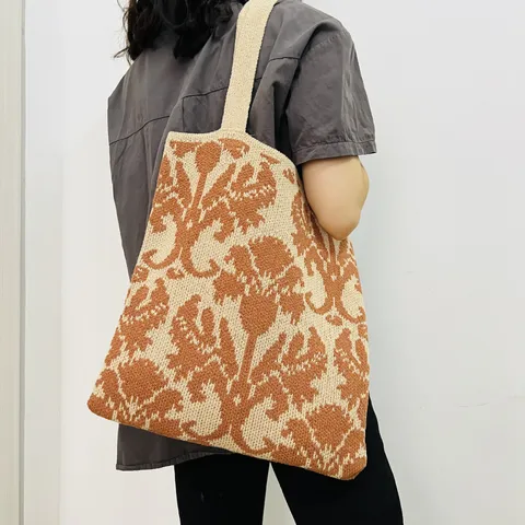 Damen Vintage Gestrickte Tragetasche Blumenmuster Große Kapazität Umhängetasche Lässige Häkelhandtasche Handgewebte Tasche