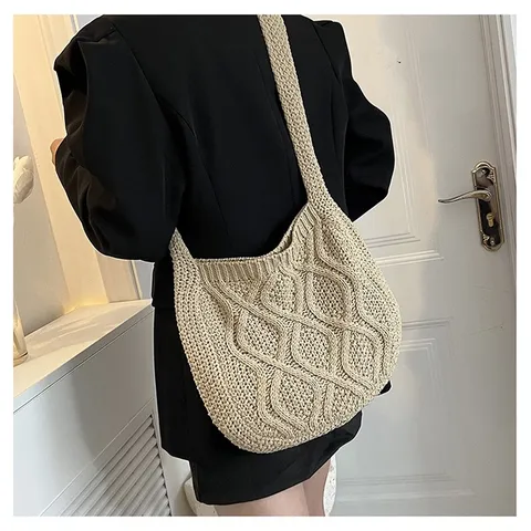 Damen Vintage Stricktasche mit Zopfmuster Einfarbig Polyester Schulter Umhängetasche Retro Lässig Handtasche mit Großer Kapazität Geschenk