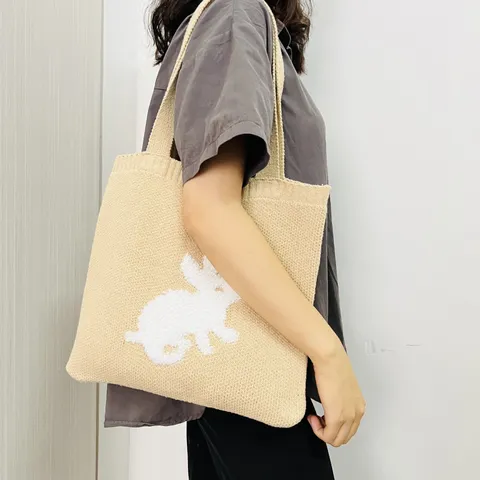 Nieuwe Gebreide Tote Bag voor Dames Vintage Konijnenpatroon Gehaakte Schoudertas Casual Geweven Handtas Herbruikbare Tas