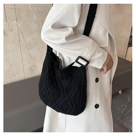Damen Vintage Stricktasche mit Zopfmuster Einfarbig Polyester Schulter Umhängetasche Retro Lässig Handtasche mit Großer Kapazität Geschenk