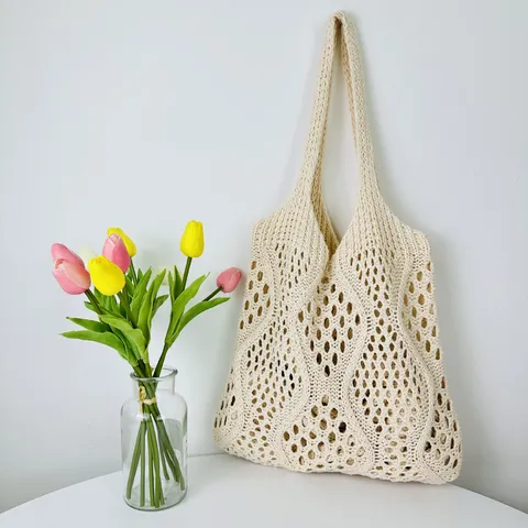 Gestrickte Tragetasche Mit Ausschnitten Damen Lässige Häkel Strandtasche Polyester Netz Handtasche Sommer Schultertasche Einfarbige Web Tasche