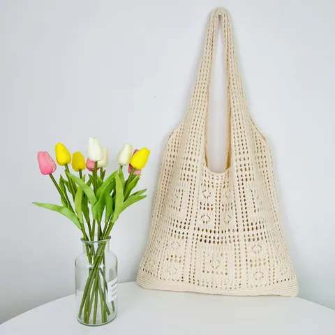 Damen Hohl Geschnitten Gestrickte Tragetasche Japanischer Stil Gewebte Strandtasche Einfarbig Umhängetasche Für Sommerurlaub Shoppen Alltag