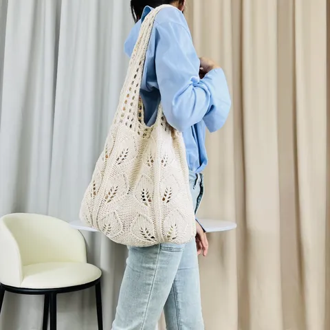 Gestrickte Hohl Blatt Muster Tote Bag Für Damen Casual Japanischen Stil Schultertasche Weiche Häkeln Shopping Strandtasche