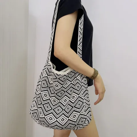 Geometrische Gestrickte Tragetasche Für Damen Polyester Gewebte Schultertasche Rautenmuster Lässige Offene Tägliche Einkaufshandtasche