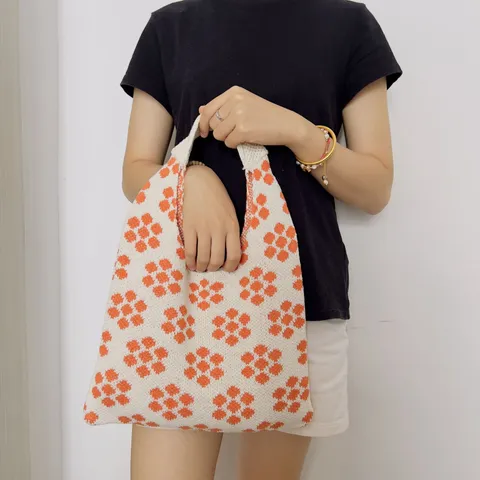 Damen Gestrickte Blumen Schultertasche Vintage Gewebte Beuteltasche Ästhetische Geometrische Strick Unterarmtasche Lässige Offene Häkeltasche