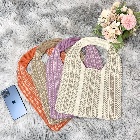 Women Geometric Knit Tote Bag Casual Knit Underarm Bag Soft Woven Crochet Shoulder Bag Polyester Fabric Daily Travel Shopping Bag