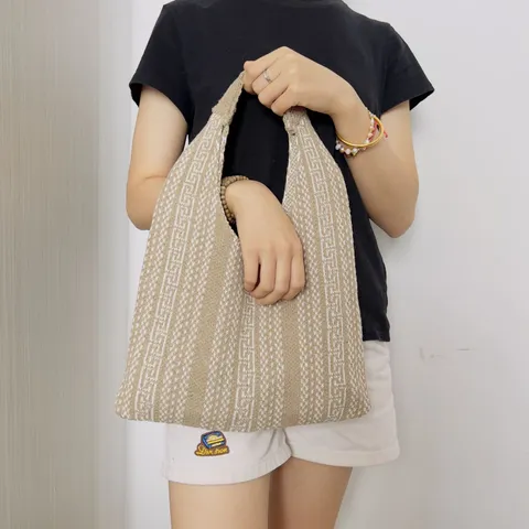 Women Geometric Knit Tote Bag Casual Knit Underarm Bag Soft Woven Crochet Shoulder Bag Polyester Fabric Daily Travel Shopping Bag