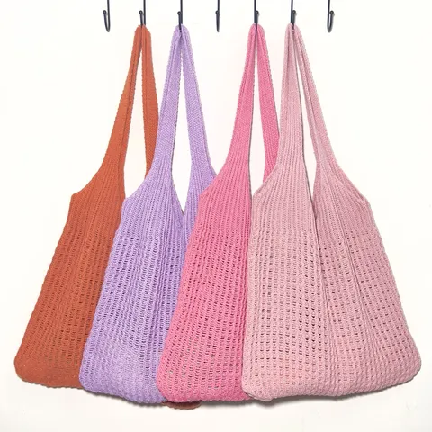 Schicke Retro Strick Polyester Tote Bag Für Damen Hohl Gewebt Schultertasche Große Kapazität Einfarbig Casual Handtasche