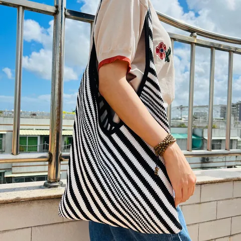 Borsa Tote in Maglia a Righe da Donna Colore a Contrasto Borsa a Spalla Capiente in Poliestere Borsa a Mano Casual Shopping Borsa