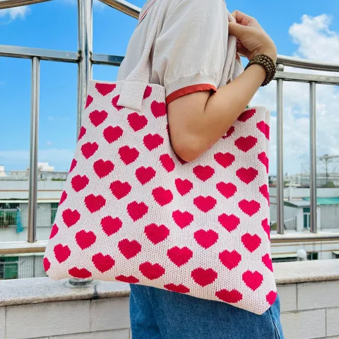 Retro Polyester Gestrickte Herz Muster Einkaufstasche Große Kapazität Offene Umhängetasche Süße Gewebte Handtasche Für Damen Alltag