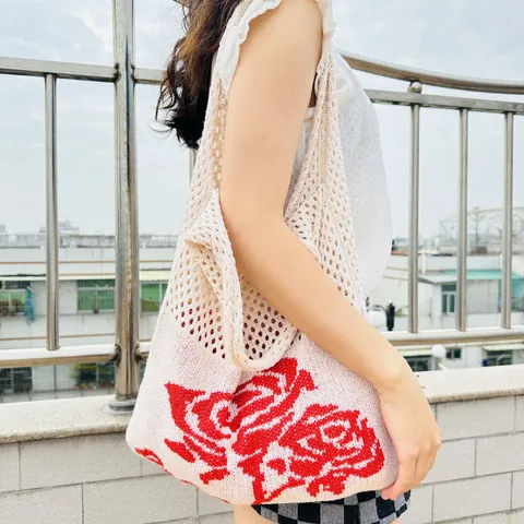 Japanisch Koreanischer Stil Polyester Gestrickte Tote Bag Hohl Ausgewebte Umhängetasche Rosenmuster Handtasche Für Damen Lässig Täglich