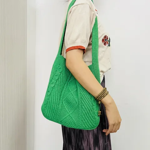 Damen Vintage Zopfmuster Strick Shopper Einfarbig Boho Häkel Schultertasche Weiche Lässige Einkaufstasche Mit Großer Kapazität