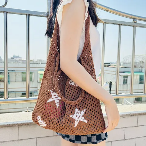 Damen Strick Hollow Out Tragetasche Sterne Herz Muster Häkeln Umhängetasche Polyester Gewebte Strandtasche Lässige Handtasche