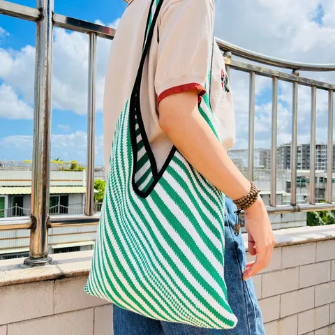 Borsa Tote in Maglia a Righe da Donna Colore a Contrasto Borsa a Spalla Capiente in Poliestere Borsa a Mano Casual Shopping Borsa