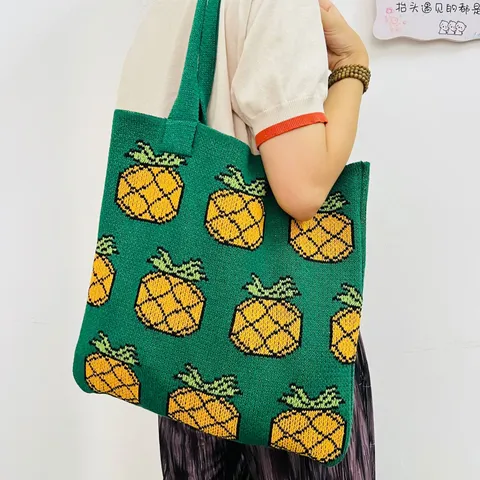 Vintage Knitted Tote Bag With Vibrant Pineapple Pattern Large Capacity Polyester Shoulder Handbag For Daily Casual Travel Women