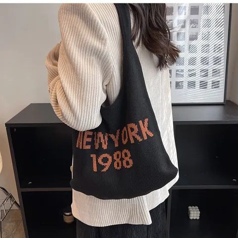Vintage Strick Schultertasche Für Damen Polyester Buchstaben Tote Handtasche Koreanischer Stil Casual Wollstricktasche