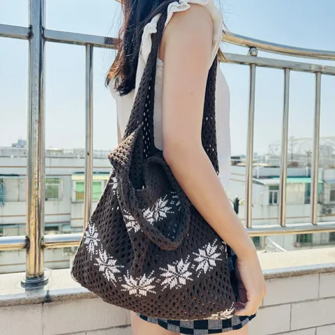 Damen Hohl Strick Tote Bag Mode Patchwork Häkel Schultertasche Lässige Handtasche Leichte Polyester Strandtasche