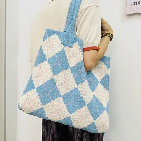 Vintage Knit Tote Bag For Women Large Capacity Argyle Plaid Shoulder Bag Polyester Geometric Knitted Casual Everyday Travel Shopper Bag
