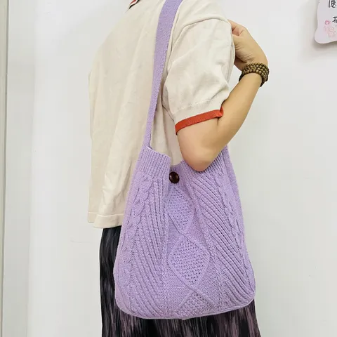 Damen Vintage Zopfmuster Strick Shopper Einfarbig Boho Häkel Schultertasche Weiche Lässige Einkaufstasche Mit Großer Kapazität