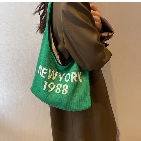 Vintage Strick Schultertasche Für Damen Polyester Buchstaben Tote Handtasche Koreanischer Stil Casual Wollstricktasche