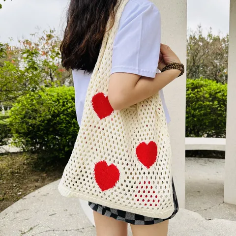 Damen Herzmuster Strick Hohlraum Tragetasche Häkel Schultertasche Große Kapazität Handtasche Lässige Polyester Einkaufstasche