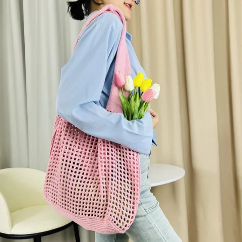 Damen Casual Gestrickt Hohl Ausgeschnitten Tote Bag Einfarbig Gewebt Polyester Schultertasche Mesh Offen Handtasche