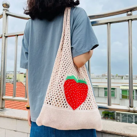 Damen Retro Gestrickt Netz Tote Bag Frucht Erdbeere Muster Hohl Ausgeschnitten Umhängetasche Casual Offen Handtasche Urlaub Strandtasche