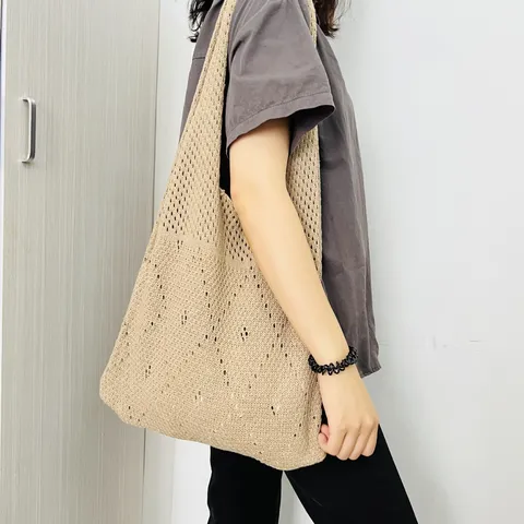 Damen Vintage Hohl Gestrickte Tote Bag Große Kapazität Häkeln Schultertasche Casual Mesh Strand Einkaufstasche