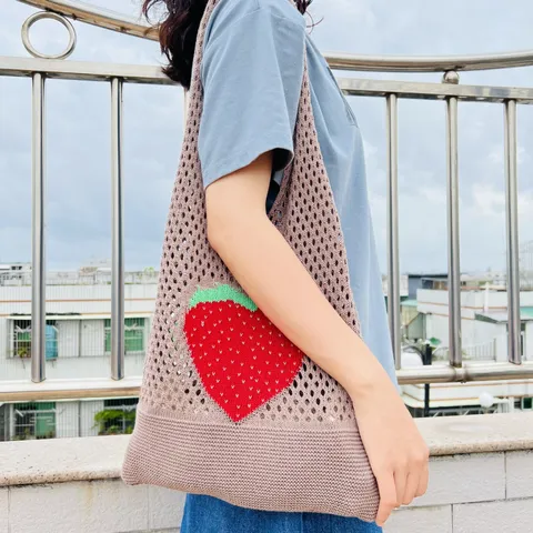 Damen Retro Gestrickt Netz Tote Bag Frucht Erdbeere Muster Hohl Ausgeschnitten Umhängetasche Casual Offen Handtasche Urlaub Strandtasche