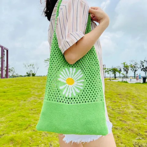 Damen Geflochten Gehäkelt Strick Tote Bag Ausgehöhlt Netz Mesh Schultertasche Gänseblümchen Blumen Retro Lässig Strand Tasche