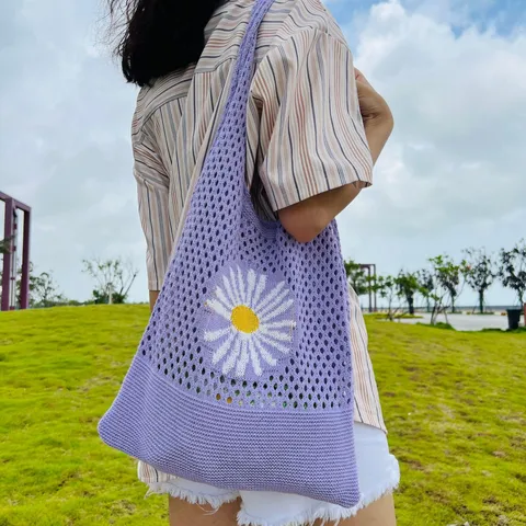 Damen Geflochten Gehäkelt Strick Tote Bag Ausgehöhlt Netz Mesh Schultertasche Gänseblümchen Blumen Retro Lässig Strand Tasche