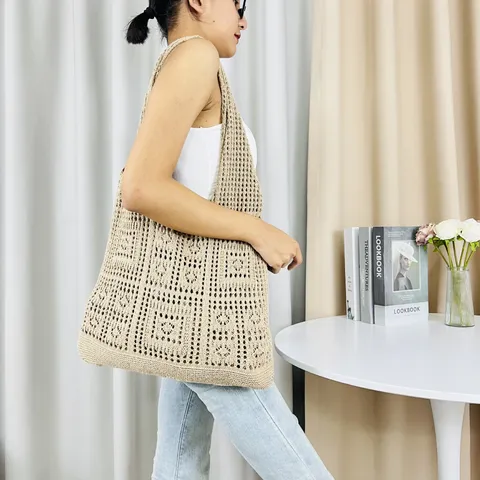 Damen Hohl Geschnitten Gestrickte Tragetasche Japanischer Stil Gewebte Strandtasche Einfarbig Umhängetasche Für Sommerurlaub Shoppen Alltag