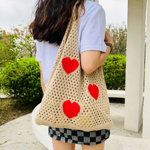 Damen Herzmuster Strick Hohlraum Tragetasche Häkel Schultertasche Große Kapazität Handtasche Lässige Polyester Einkaufstasche