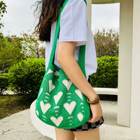 Women Knitted Heart Tote Bag Hollow Out Heart Shoulder Bag Casual Knit Crochet Handbag For Daily Shopping Valentine Gift