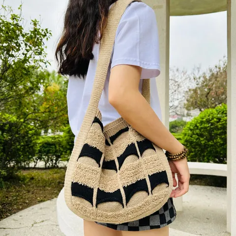 Damen Casual Strick-Tote-Tasche Aus Polyester Geometrisches Muster Gehäkelte Schultertasche Gewebte Hobo-Tasche Handtasche