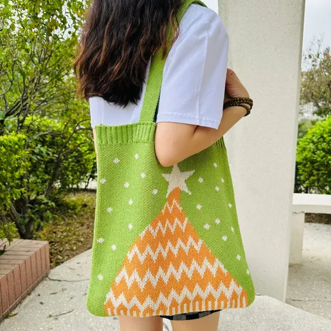 Damen Weihnachten Gestrickt Tote Bag Polyester Hohl Geflochten Schultertasche Lässig Urlaub Einkaufstasche Umweltfreundlich Handtasche