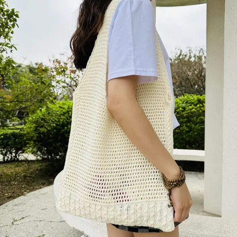 Japanisch Koreanischer Stil Gestrickte Ausgehöhlt Tote Bag Damen Polyester Geflochtene Netz Schultertasche Große Kapazität Lässige Offene Einkaufstasche