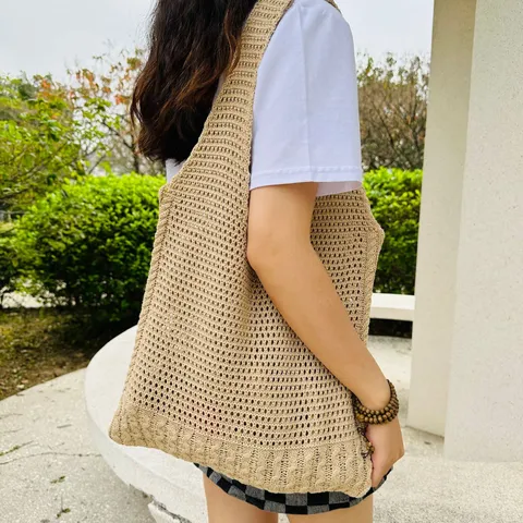 Japanisch Koreanischer Stil Gestrickte Ausgehöhlt Tote Bag Damen Polyester Geflochtene Netz Schultertasche Große Kapazität Lässige Offene Einkaufstasche
