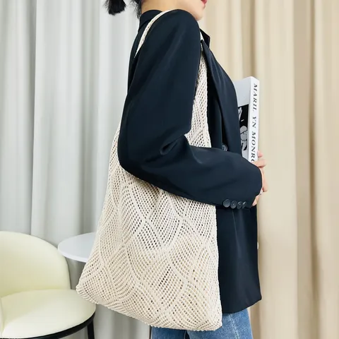 Damen Hohl Gestrickte Tote Bag Einfarbig Gewebt Häkeln Umhängetasche Casual Große Kapazität Shopping Strand Handtasche Damen