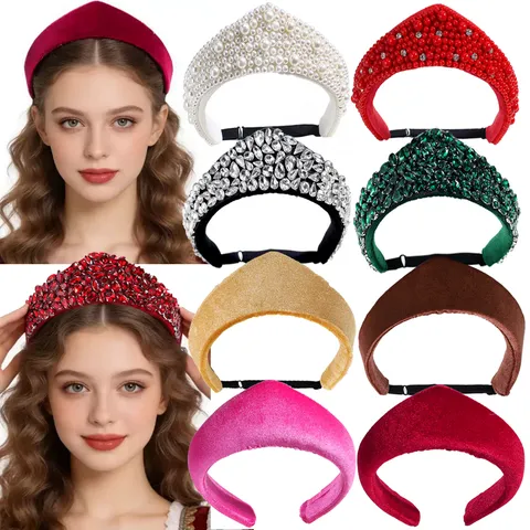 Baroque Luxury Rhinestone Artificial Pearl Headband Crown Velvet Hair Hoop Vintage Banquet Wedding Hair Accessories For Women