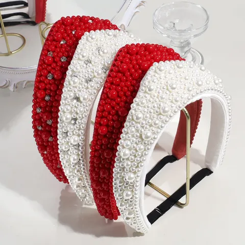 Baroque Luxury Rhinestone Artificial Pearl Headband Crown Velvet Hair Hoop Vintage Banquet Wedding Hair Accessories For Women